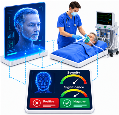 Clinician monitoring a patient during surgery alongside a real-time facial biomarker screening dashboard showing severity and significance scores